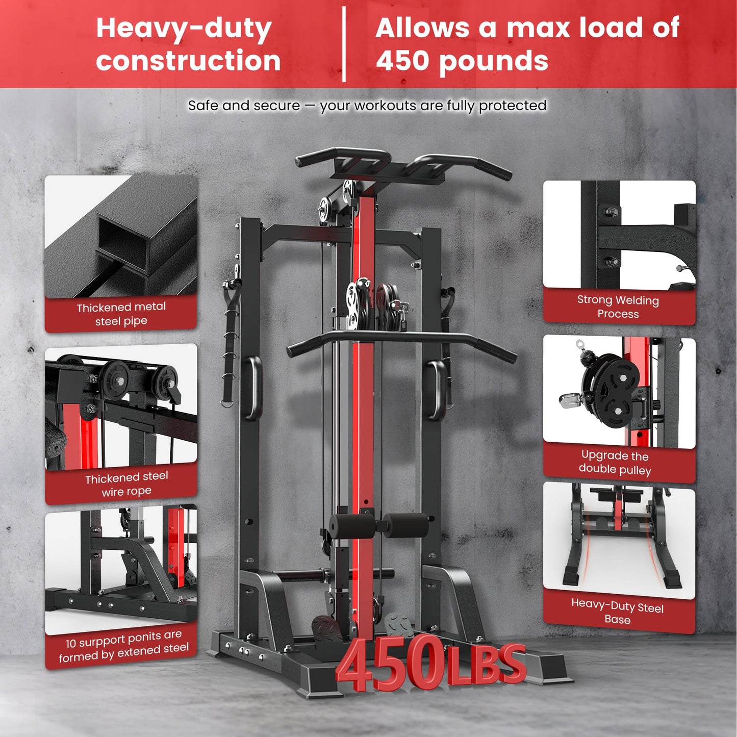 pooboo 450LBS All-in-One Home Gym Functional Trainer with LAT Pulldown System, Power Cage & Cable Crossover Machine, Squat Rack with Dual Pulley System and Dip Bars