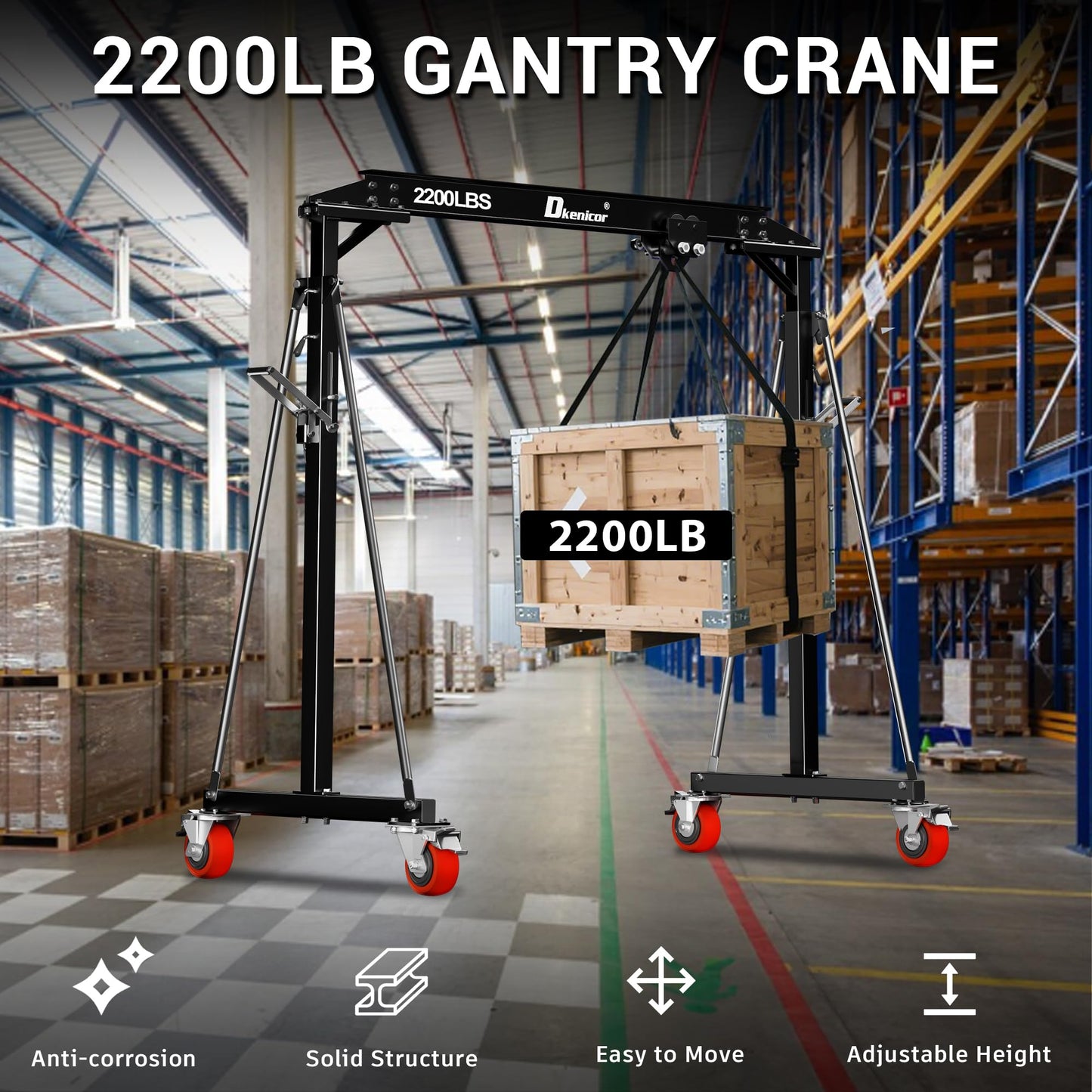 Dkenicor Adjustable Gantry Crane, Max 3000Lbs Adjustable Height 8.57 to 12.14ft, Steel I-Beam Construction Portable Shop Hoist for Factories, Warehouses, Auto Repair, Construction Site, Black