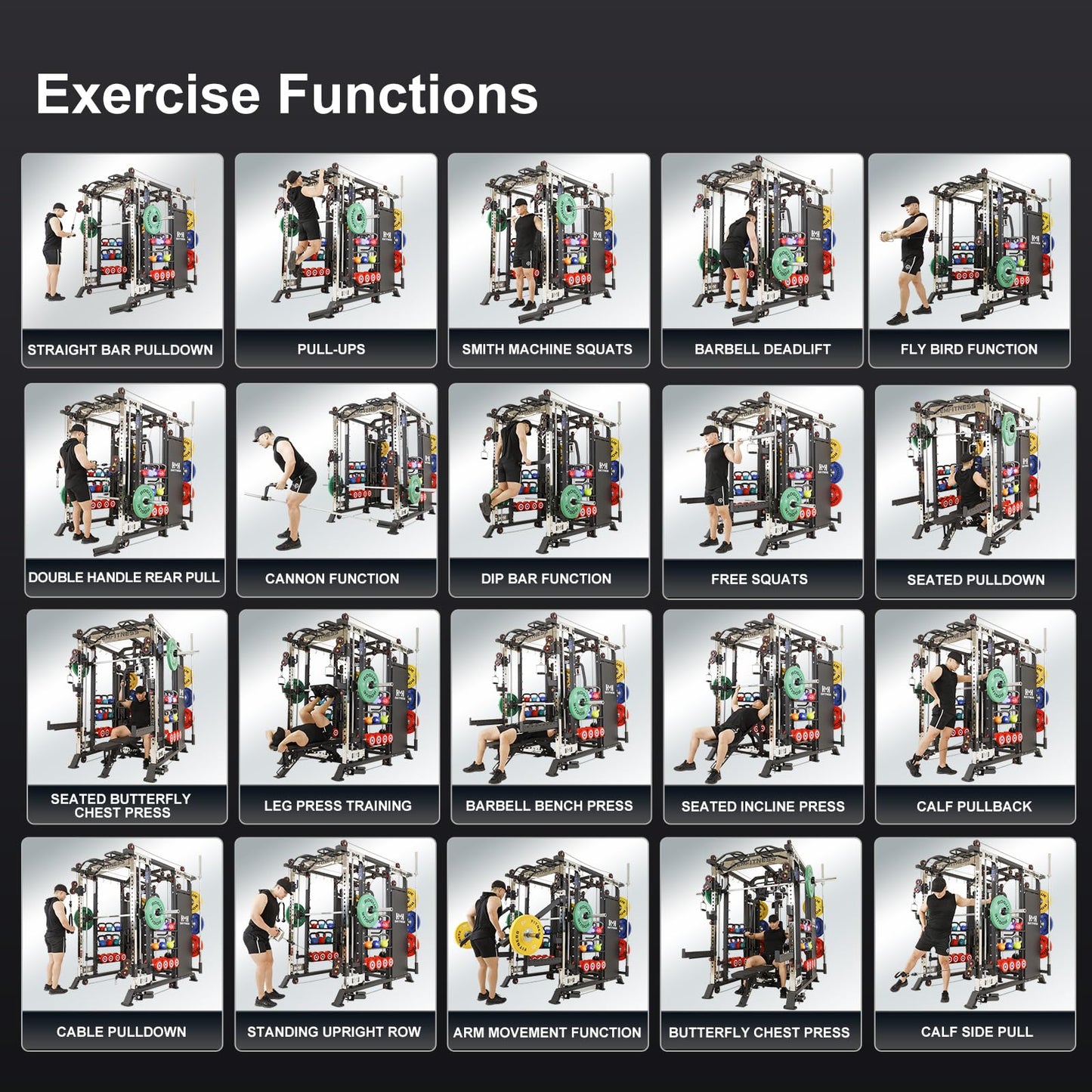 Smith Machine with Weight Stacks Power Cage Squat Rack Dual Cable Crossover Machine, LAT Pull-Down All in One Home Gym Systems (G2 Package with 340 lbs BP)