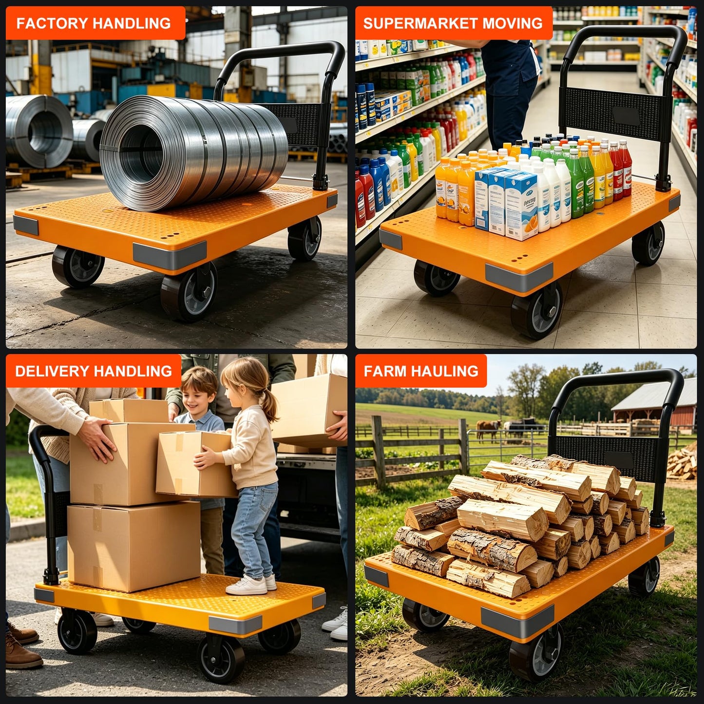WUD Push Cart, Folding Mobile Platform Trolley,Thickened and Reinforced, 360° Swivel Wheels,35.4 “L x 23.6 ”W, 1323 lb. Yellow