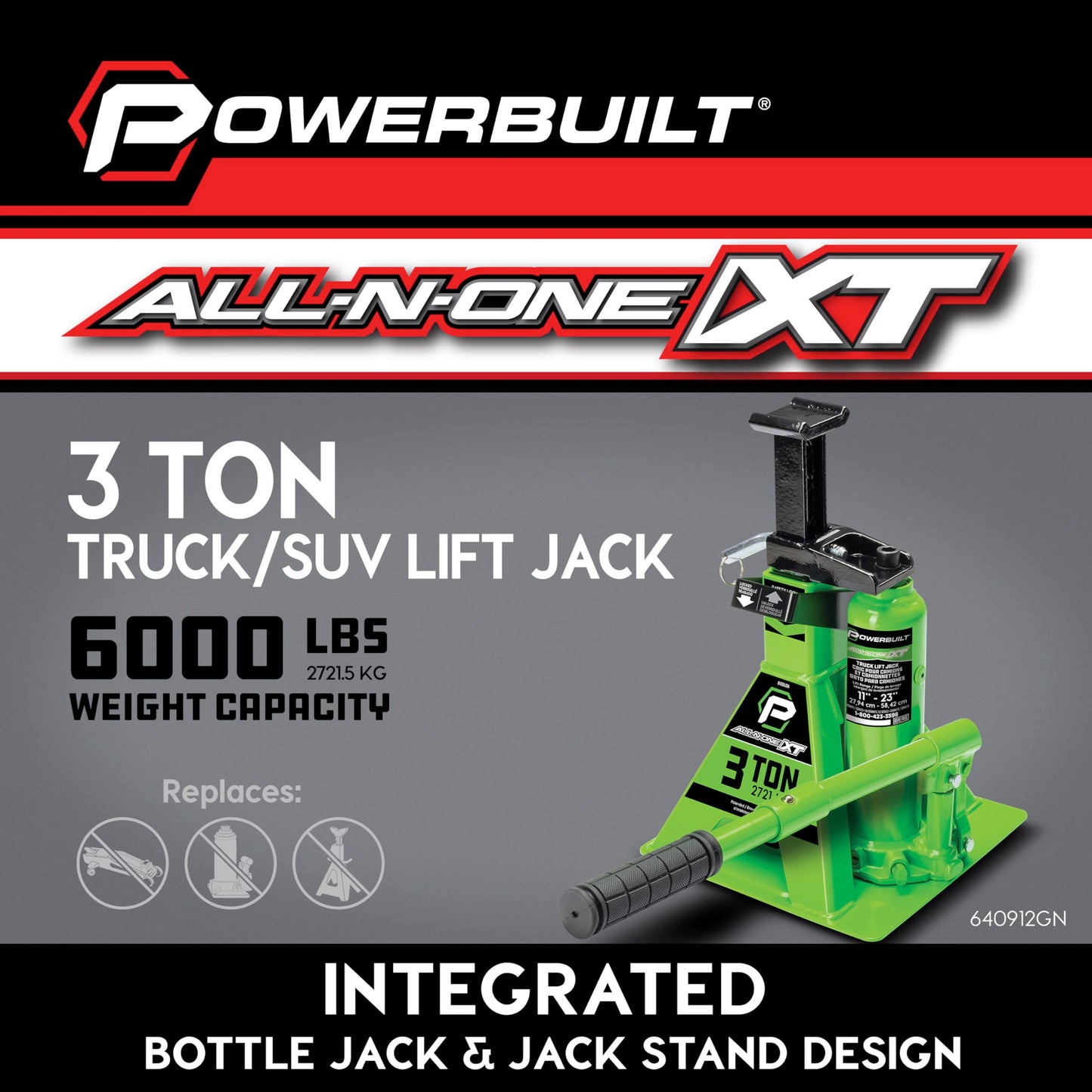 POWERBUILT 3 Ton All-in-One Hydraulic Bottle Jack and Jackstand in One, Compact, Wide Base, 11-21 inch Range, Eliminates Jackstands, for Trucks, SUVs, RVs, Trailers, Not for Sedans (Green) 640912GN
