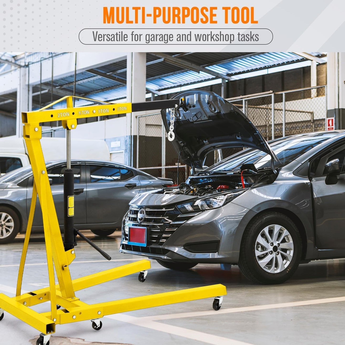 Hydraulic Engine Hoist, 2-Ton Folding Portable Shop Crane Lift, 4400 Lbs Capacity with Telescopic Boom and 6 Casters, Foldable Mobile Cherry Picker for Garage Workshop Warehouse, Yellow, Heavy-Duty