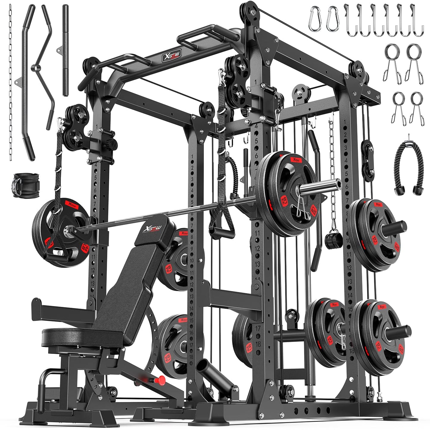XGSW XINGESIWR Multi-Purpose Squat Rack,Smith Machine Weight Rack Set with Cable Crossover System, Home Gym Power Racks, Power Racks and Packages (L02, Power cage Black+Bench+Cast lron 220LBS)