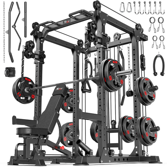 XGSW XINGESIWR Multi-Purpose Squat Rack,Smith Machine Weight Rack Set with Cable Crossover System, Home Gym Power Racks, Power Racks and Packages (L02, Power cage Black+Bench+Cast lron 220LBS)
