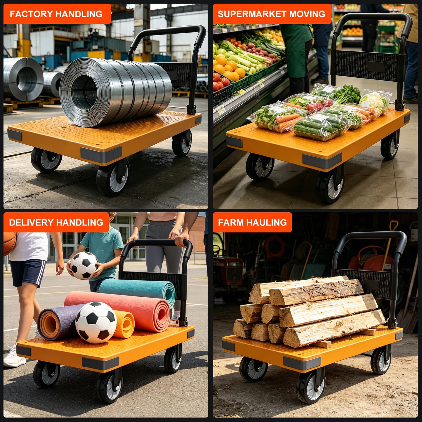 WUD Push Cart, Folding Mobile Platform Trolley,Thickened and Reinforced, 360° Swivel Wheels,28.3 “L x 18.9 ”W, 660 lb. Yellow Dolly cart with Wheels