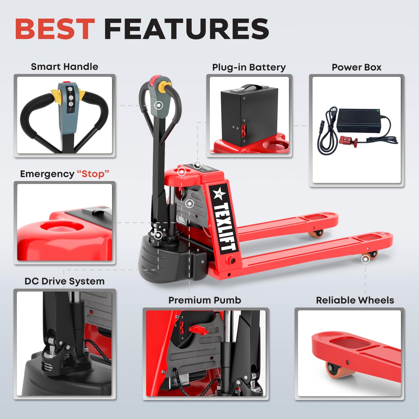TEXLIFT Full Electric Power Pallet Jack – Standard Duty Pallet Truck 3300 Lb Capacity, 48” L x 27” W Fork Size, Plug-in 48V/15A Lithium Battery – Max Lift Height 7.8 Inch - (US-EPT33K-FE)