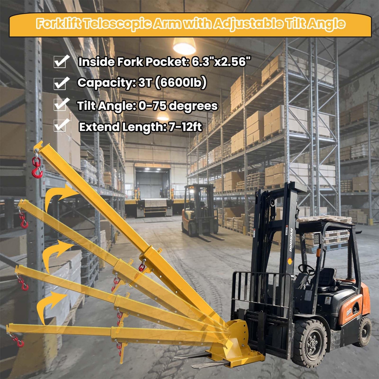 BREVELTION 6600LB Forklift Mobile Crane, 12FT Maximum Extension Arm Attachments, Adjustable Angle Jib Boom Crane, W/Telescopic Boom and Hook, for Forklift Towing Handling