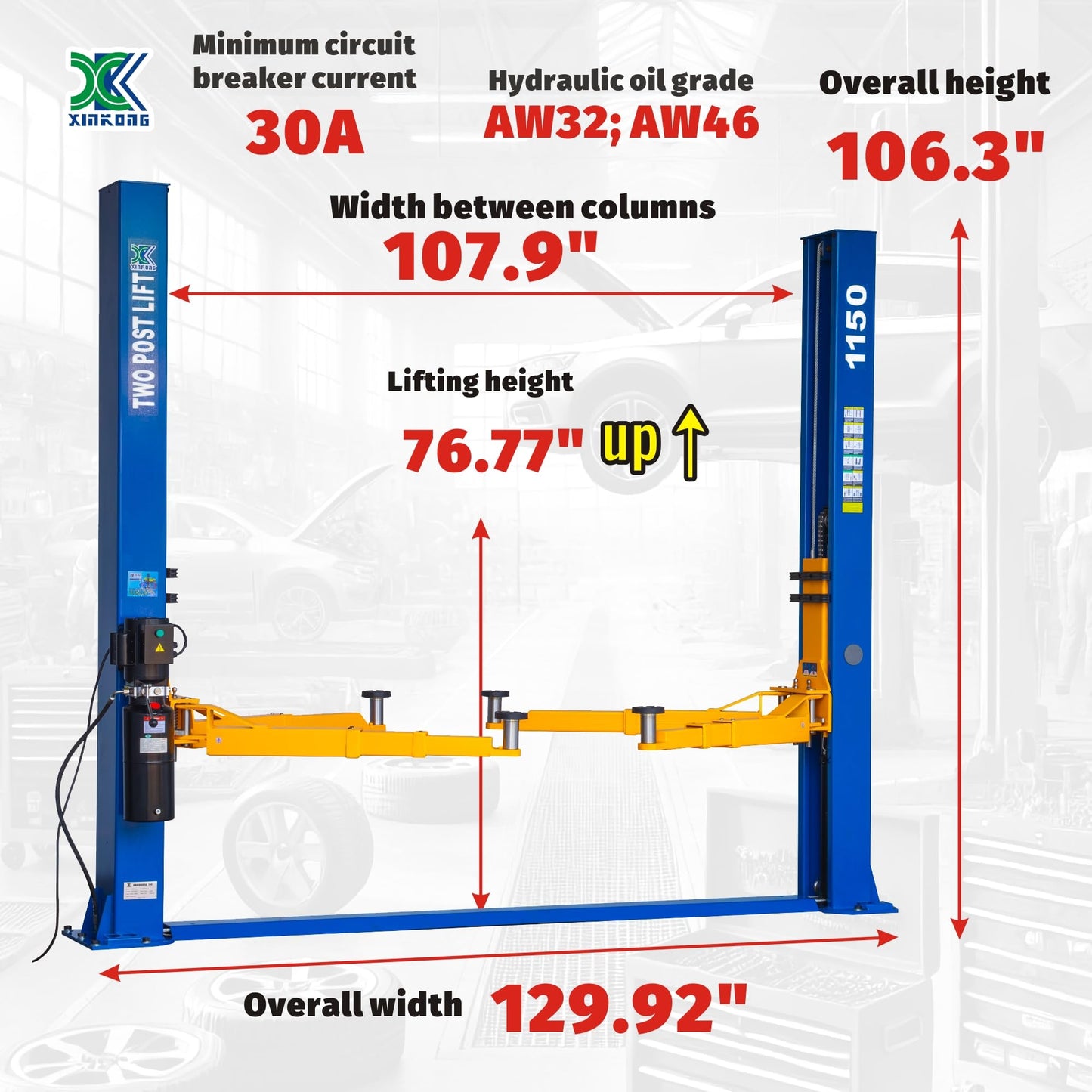 XK-1150 Auto Lift Car Lift 220V Capacity 11500 Lbs 2+3 Enhanced Auxiliary Arm Two Post Truck Hoist with 36 Months Parts Replacement