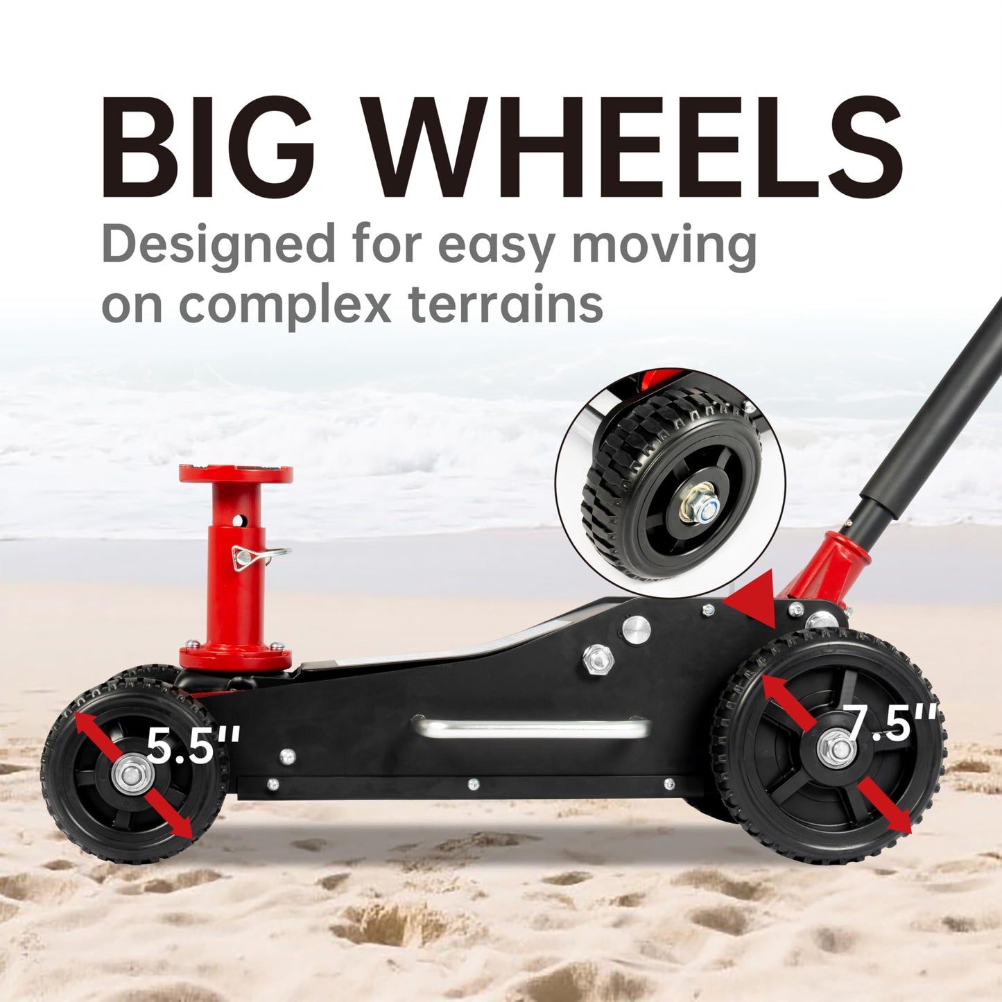 3 Ton (6600 lbs.) Big Wheel Dual Pistons Heavy-Duty Steel Construction Off-Road Jack, Hydraulic Car Jack with Extra Adjustable Height Saddle, for Trucks, SUVs, ATVs