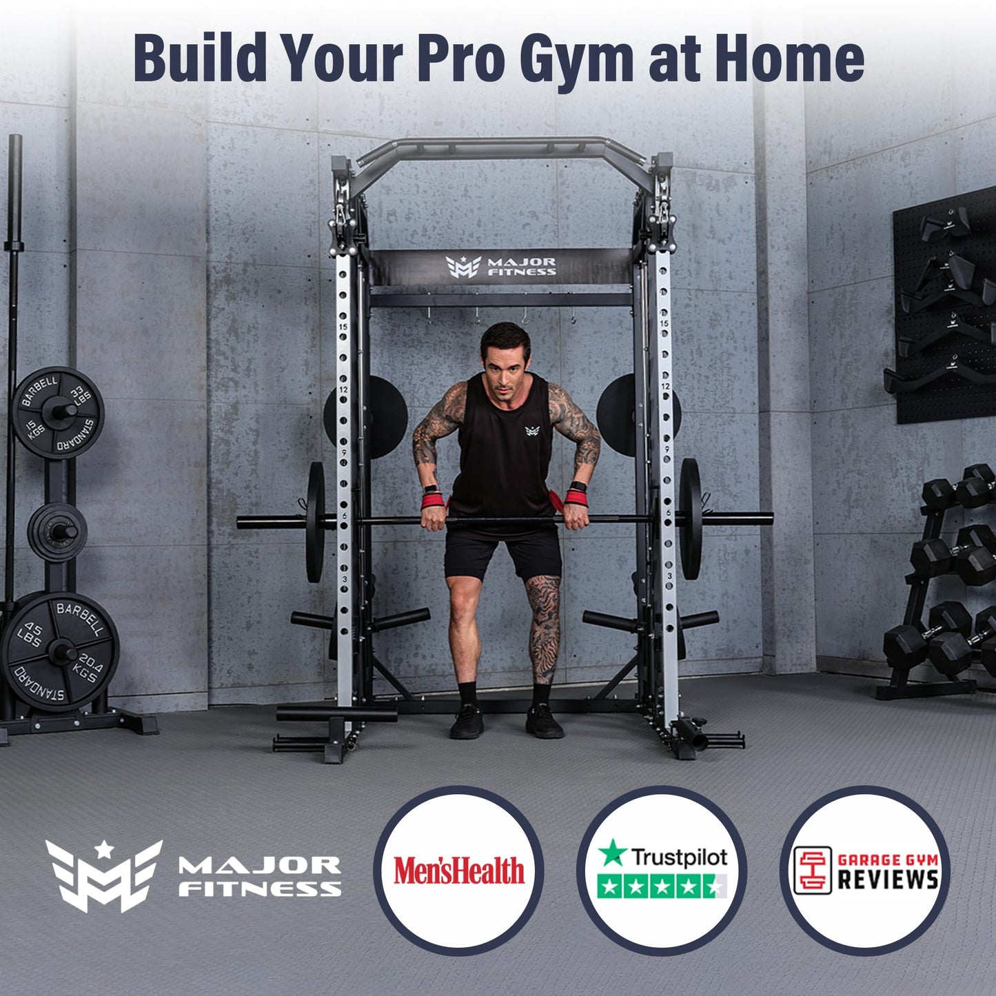 Major Fitness Drone2 Premium Smith△ Machine, All-in-One Home Gym Squat Rack with Aluminum Pulley Set, Weight Bar (BK D2AW Package(with Black Bench+230lb))