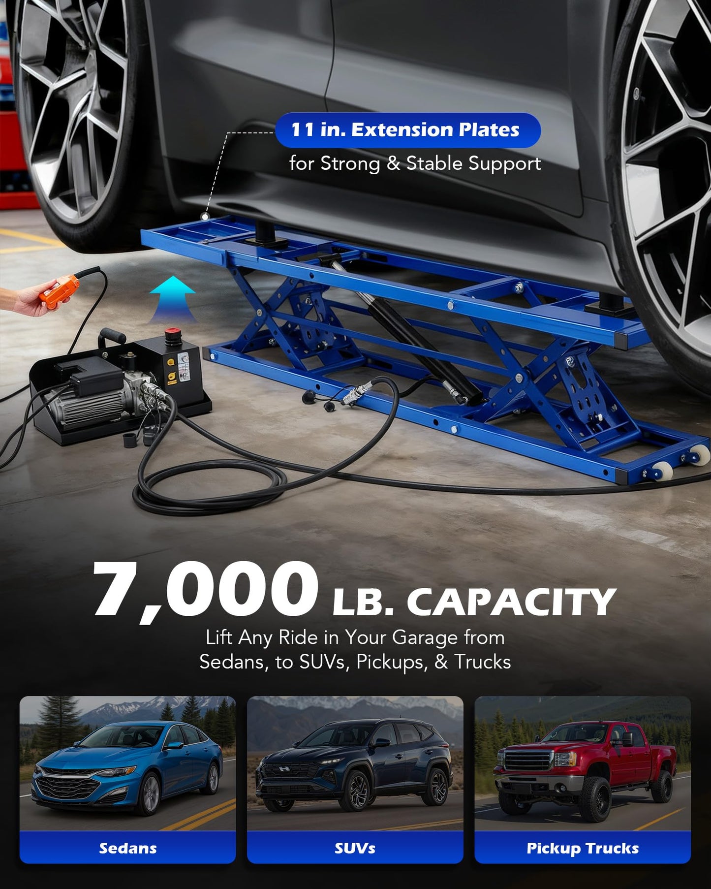 Orion Motor Tech Portable Car Lift with 7000lb Capacity, Adjustable Car Jack with 26.8 in Max Height for Sedan Pickup Truck SUV, Heavy-Duty 4 Post Portable Lift for Car with Auto Lock Extension Plates