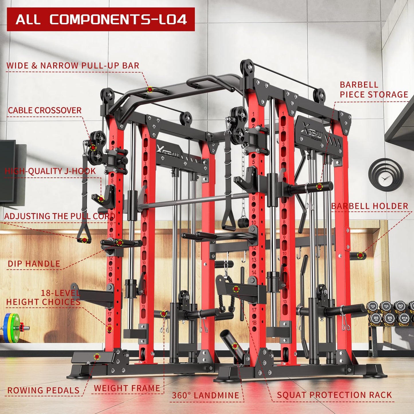 XGSW XINGESIWR Multi-Purpose Squat Rack,Smith Machine Weight Rack Set with Cable Crossover System, Home Gym Power Racks, Power Racks and Packages (L04, Power cage Red+Bench+Cast lron 220LBS)