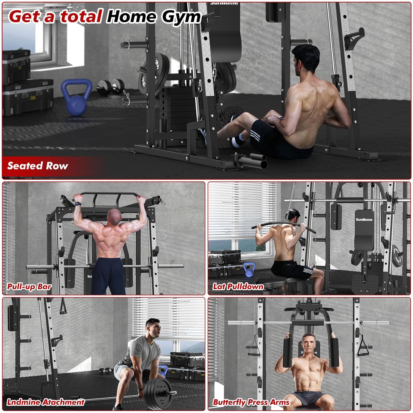 SunHome Smith Machine, Power Cage Squat Rack with Smith Bar, LAT Pull-Down Systems, Cable Crossover Machine and Cable Attachment for Home Gym (Pro Smith Machine with Bench and 230LBS Weight Plates)