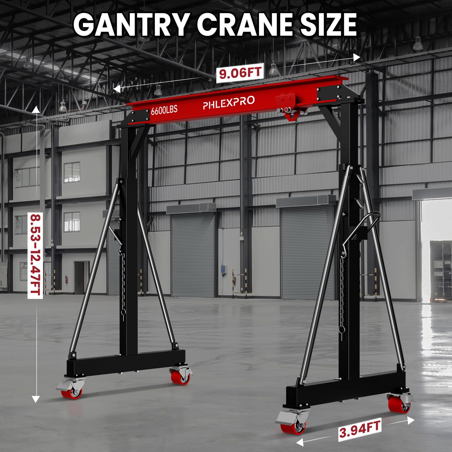 3 Ton Gantry Crane, 6600LBS Capacity, Adjustable Height 8.53 to 12.47ft with Triangle Base, Portable I-Beam Hoist for Factory, Warehouse, Auto Repair & Construction, Red