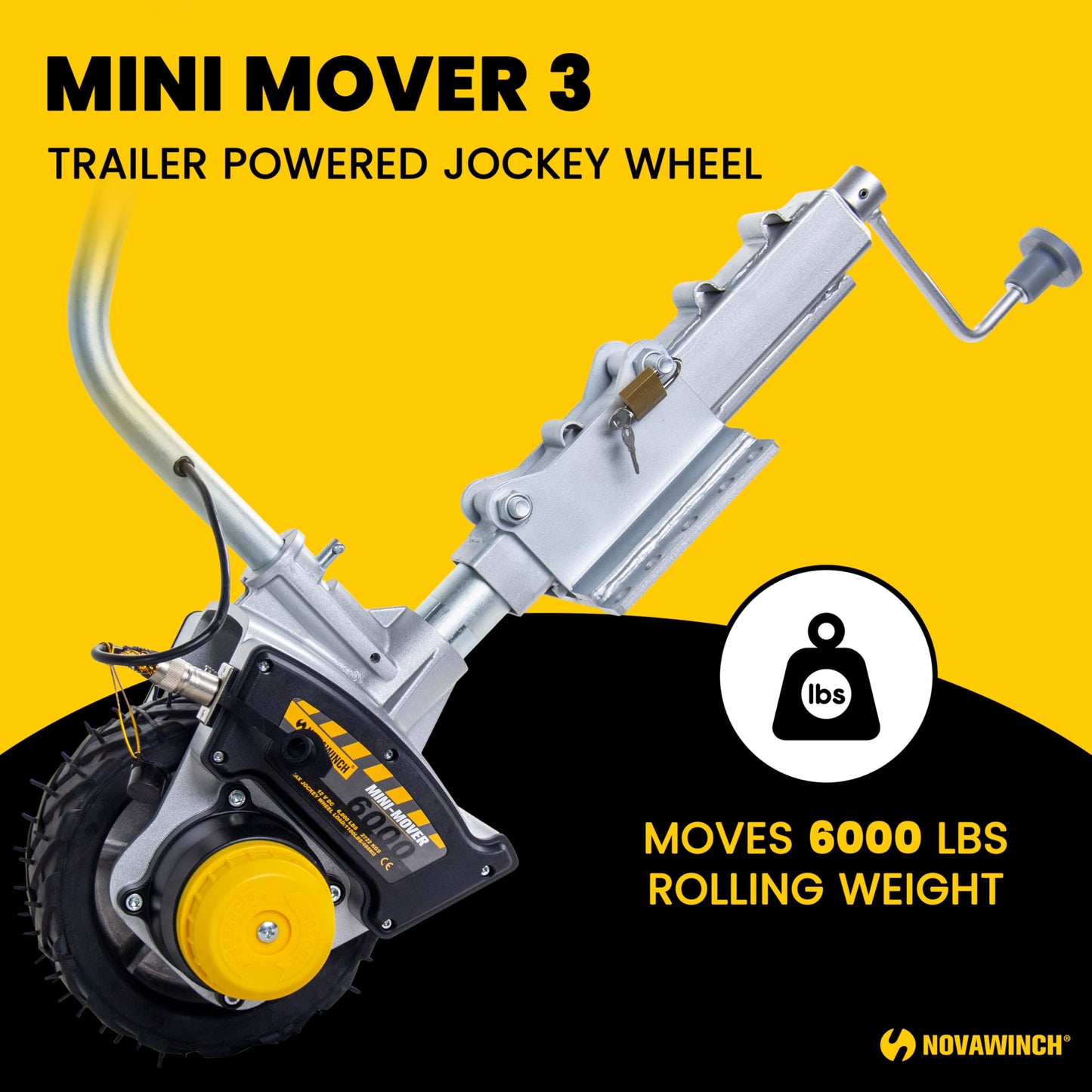 Novawinch Mini Mover 3-12V Electric Trailer Dolly - Motorized Jockey Wheel for Trailers up to 6000 lbs - Powered Forward and Reverse Steering Control - 8 Inch No Flat Tire - Clamp or Bolt Mount