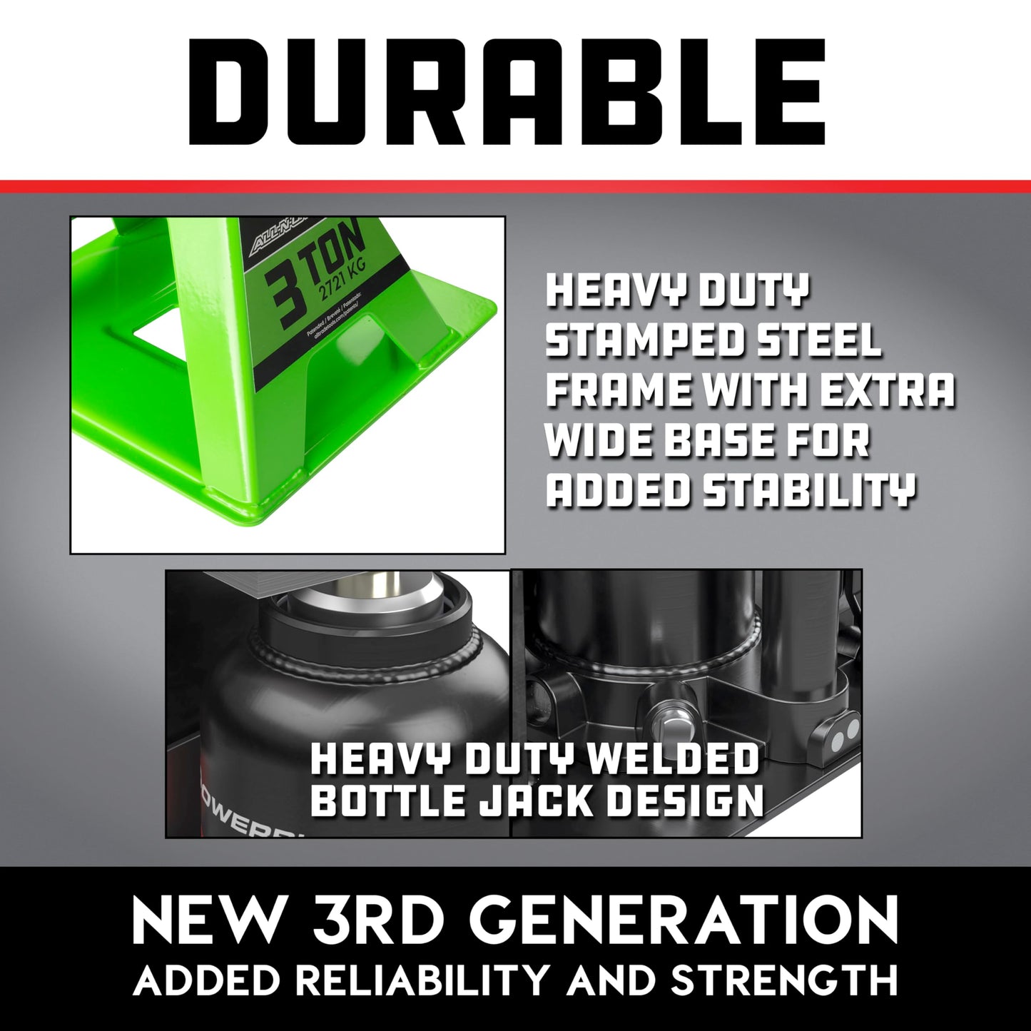 POWERBUILT 3 Ton All-in-One Hydraulic Bottle Jack and Jackstand in One, Compact, Wide Base, 11-21 inch Range, Eliminates Jackstands, for Trucks, SUVs, RVs, Trailers, Not for Sedans (Green) 640912GN