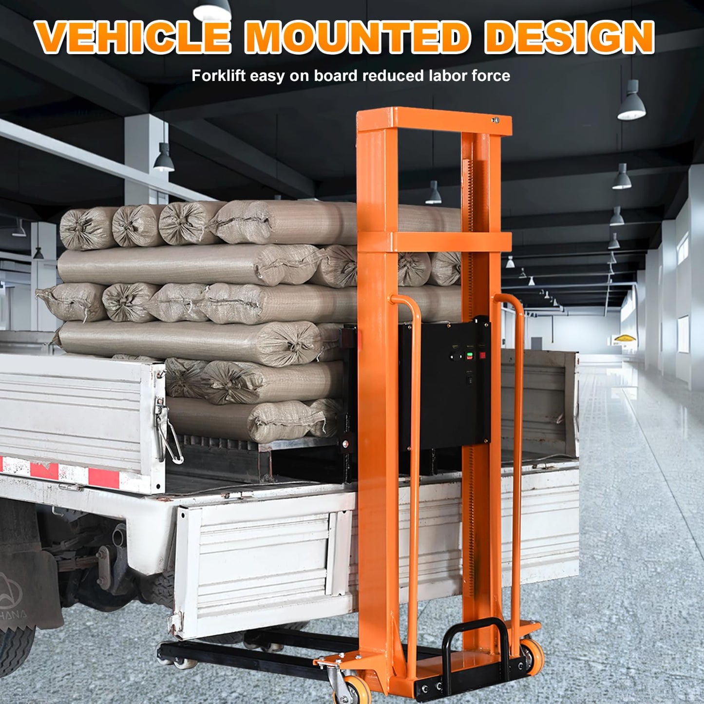 Electric Pallet Stacker 1300lbs Capacity 63 Inch Lift Height, Truck-Boardable Material Lift with Fixed Legs, Electric Forklift for Warehouses & Logistics (63" Lifting)