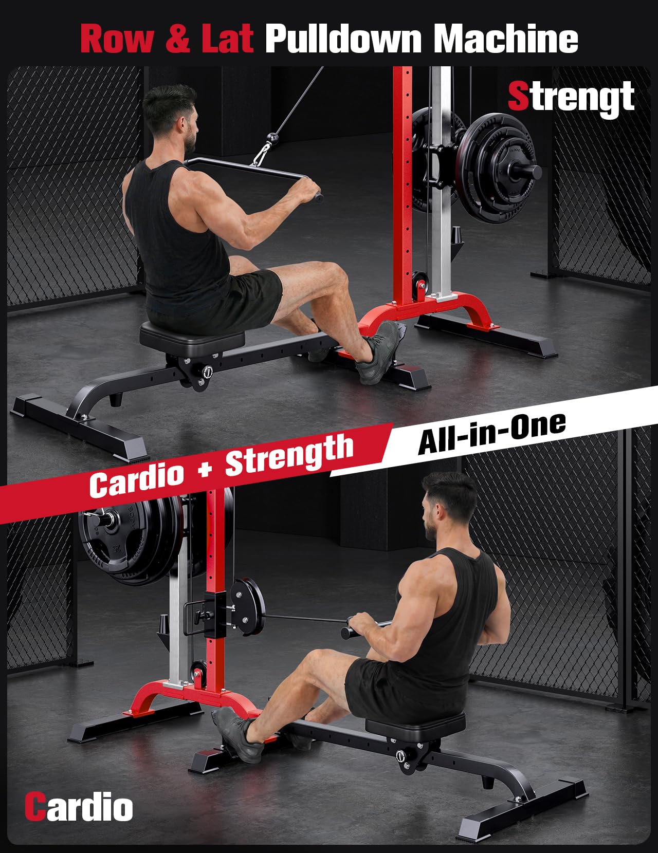 2-in-1 Adjustable Rowing Cable Machine & LAT Pulldown Station for Home Gym, Foldable Space Saver with 6 Attachments, Supports 450 Lbs Weight Plates