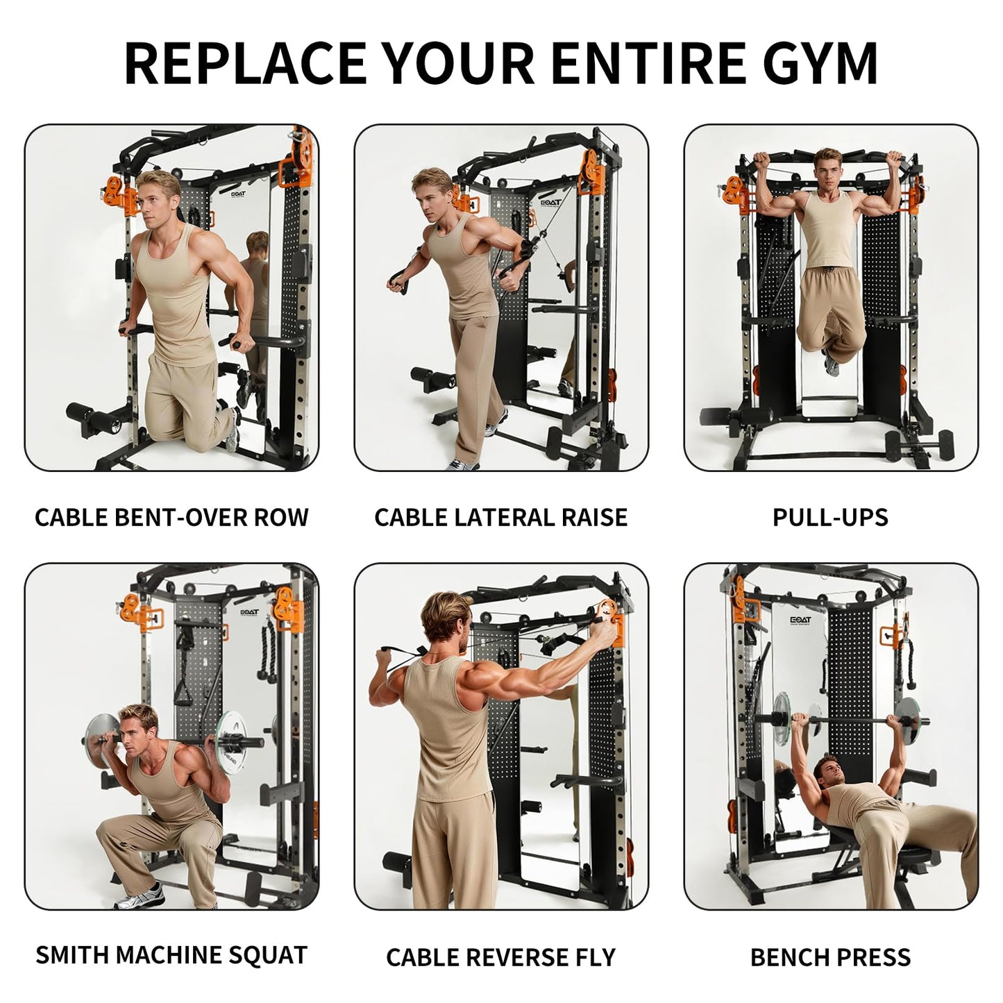 EOAT Smith Machine with Mirror, All in One Corner Master with 132 lbs Weight Stack, 17 Adjustable Settings, Space-Saving Corner Design, Squat Rack Power Cage with Cable Crossover System for Home Gym