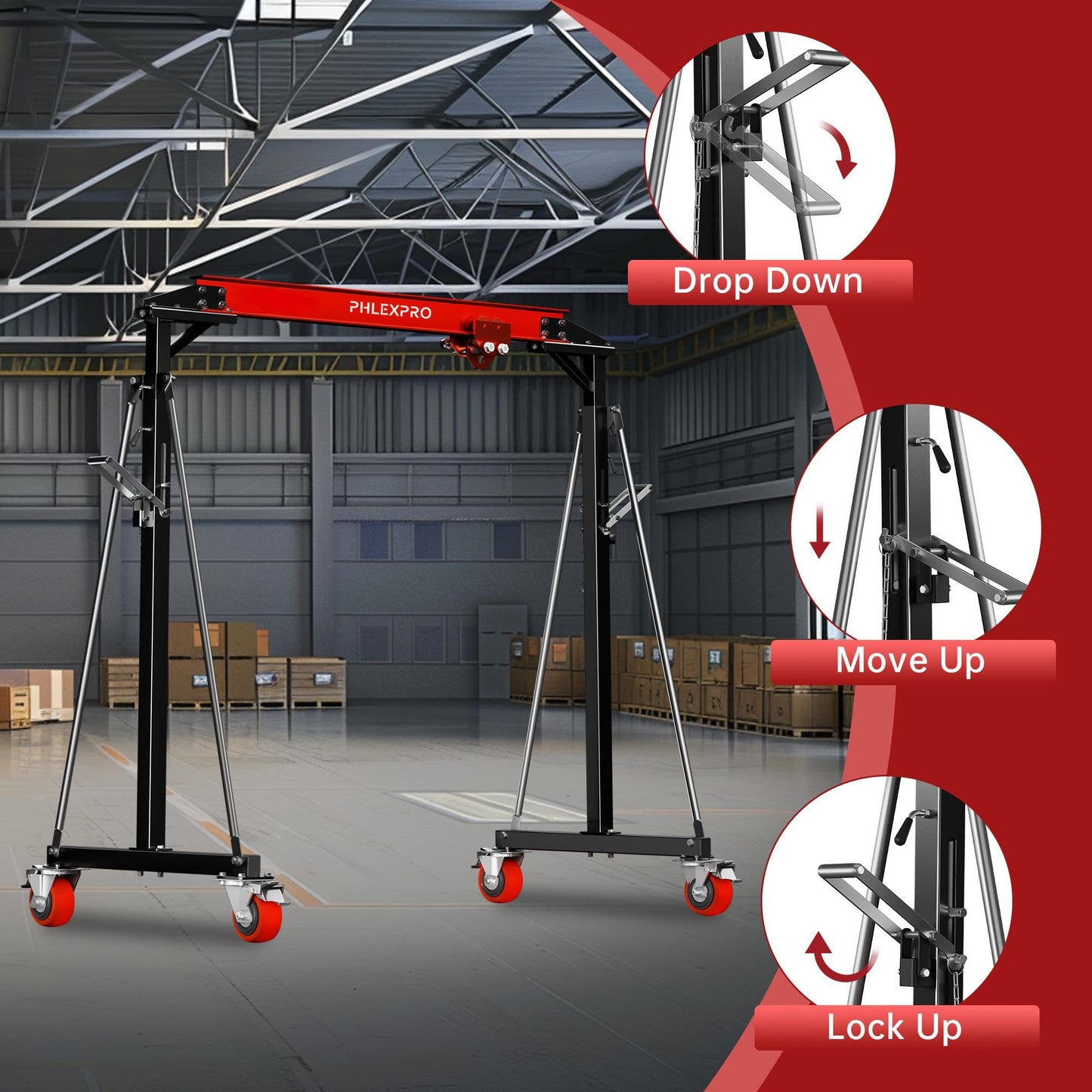 1 Ton Gantry Crane - MAX3000Lbs Portable Hoist Frame with Steel I-Beam Construction, Adjustable Height 8.57-12.50ft, Lifting Gantry for Factories, Garage, Auto Repair, Construction Site, Red