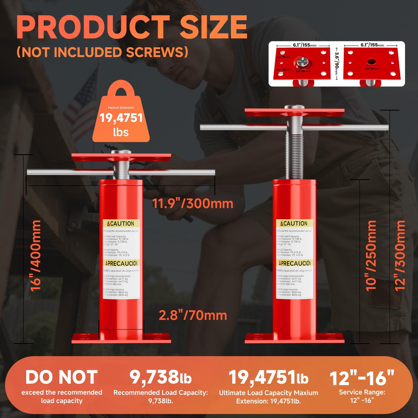 House Floor Jacks,Telescoping Screw Jacks 12"-16" Height Adjustable Basement Floor Jacks Post Pole for Leveling,Foundation Jack for Basement, Floor Joist,Beam,Temporary Support(2 Pack)