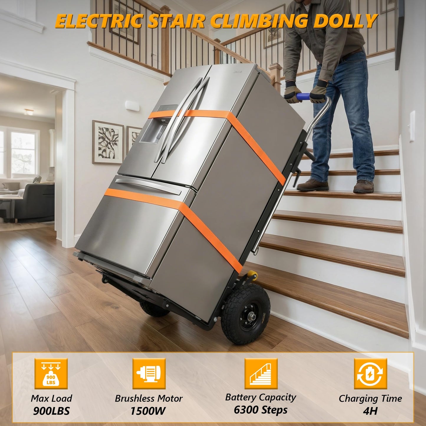 Electric Stair Climbing Dolly 1500W, Heavy Duty Stair Climber Hand Truck, Powered Stair Climbing Cart with 10" Anti-Slip Tires, Adjustable Speed Moving Cart for Appliances Furniture (900 lbs Capacity)