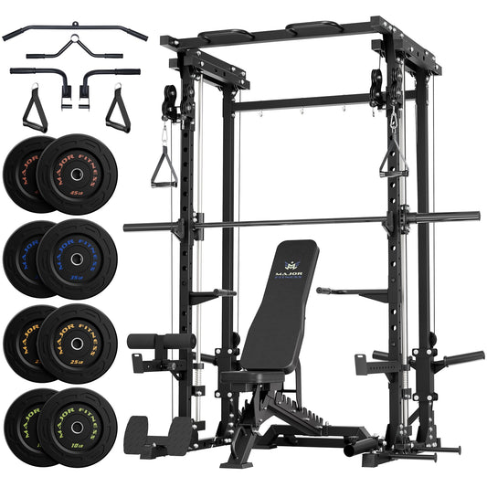 Major Fitness Drone3 Smith Machine with Weight Bench & 230lb Plates Set, All-in-One Home Gym Squat Rack with Cable Crossover & Pull-Up Station, Heavy-Duty Strength Training, Black