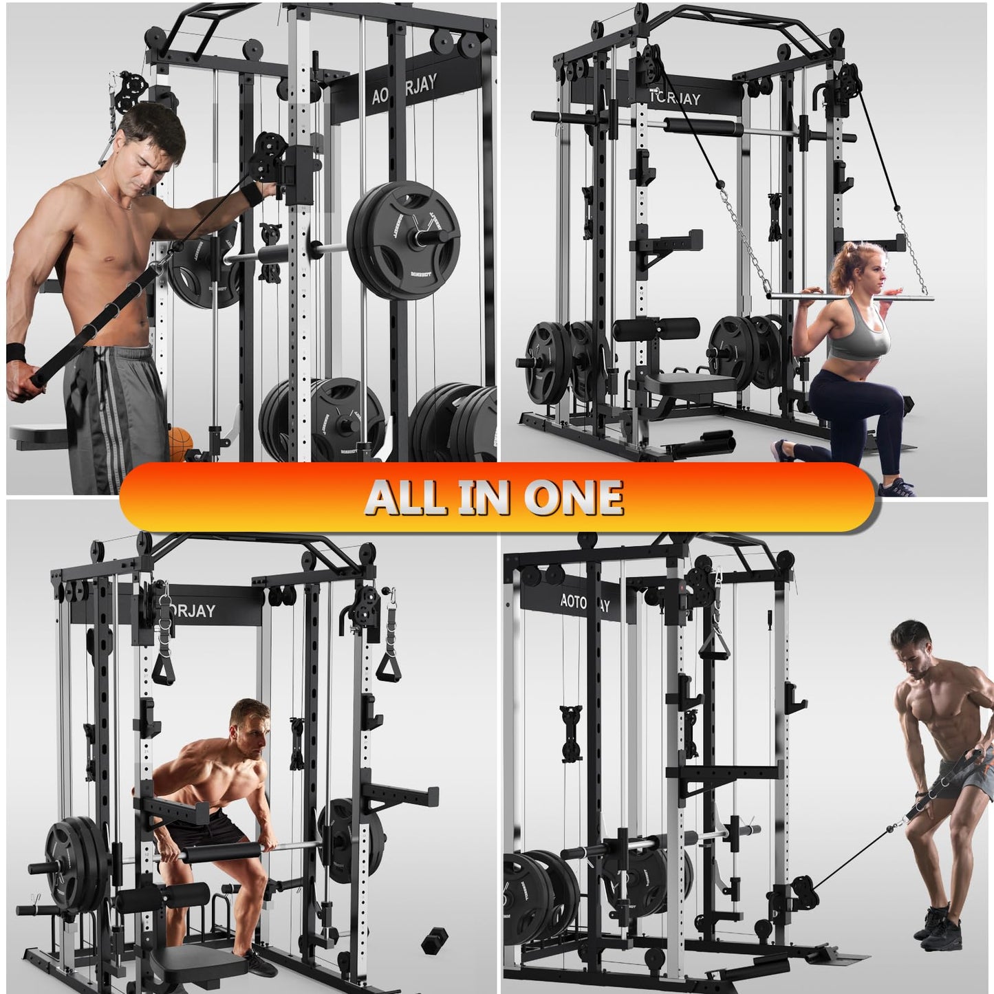 AOTORJAY Smith Machine Strength Training Squat Rack with Smith Bar, Power Cage with LAT Pull-Down Systems, Cable Crossover Machine for Home Gym and More Training Attachment (Smith Machine)