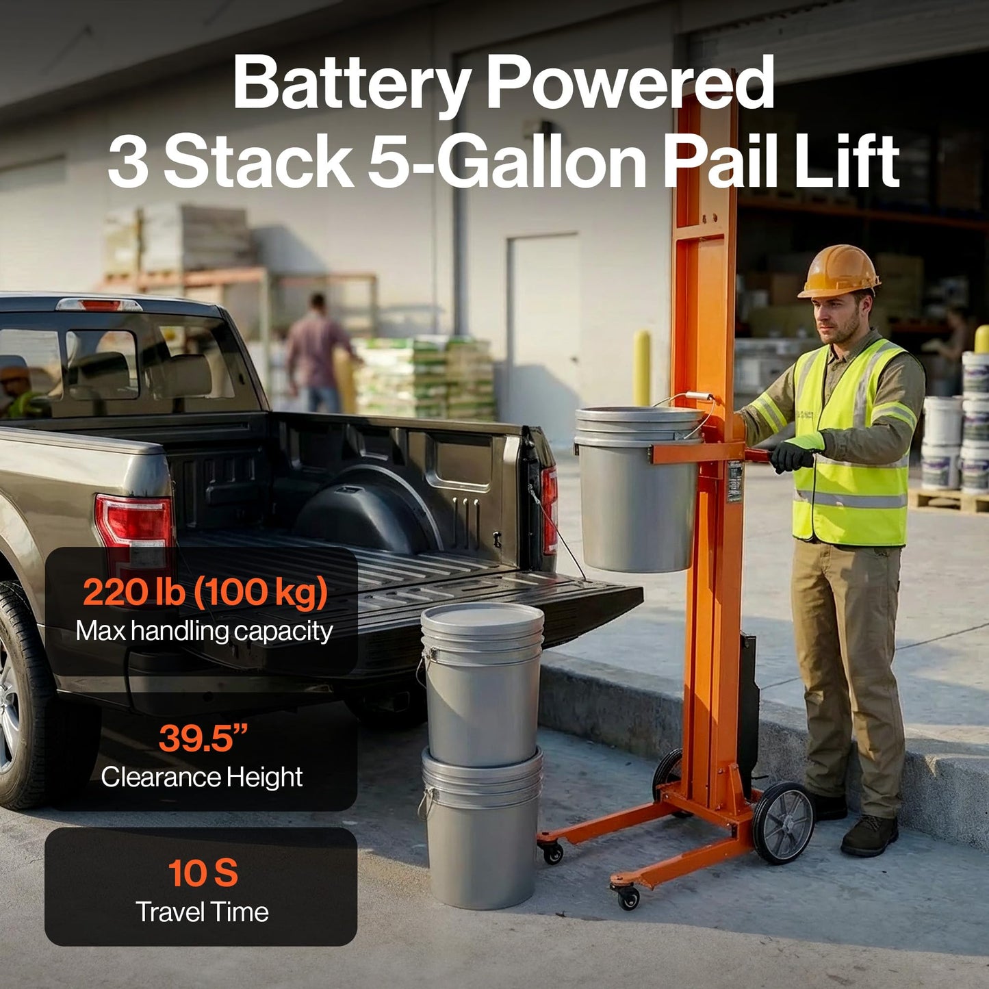 Superhandy Electric Pail Lift Hand Truck, 220 Lb Capacity for 5-Gallon Buckets, 48V 2Ah Battery Powered Lifter, Lightweight Portable Design, Quiet & Efficient Motor for Easy Loading