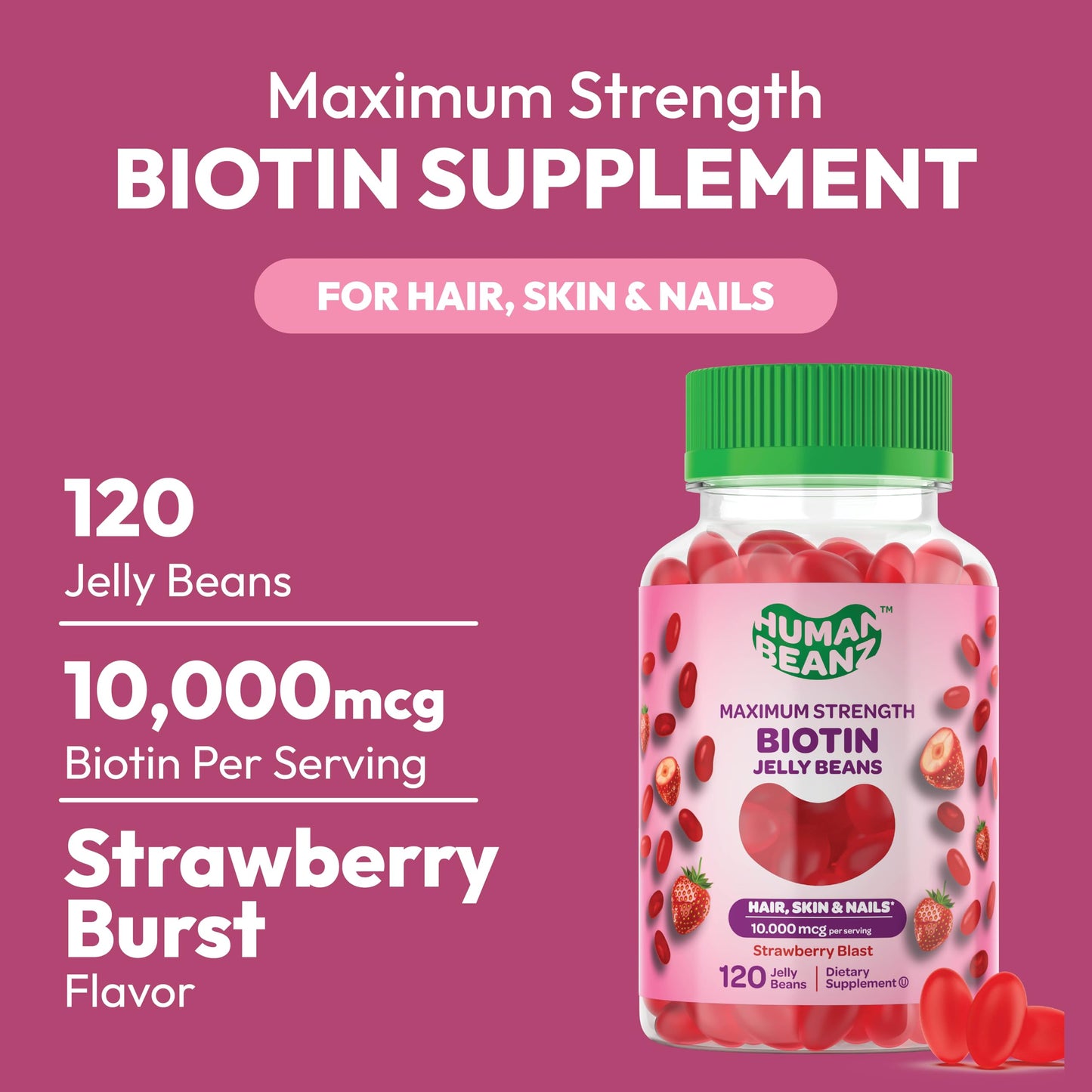 Human Beanz Biotin Jelly Bean Gummy Vitamins, Max Strength Biotin for Hair, Skin and Nails, 10,000mcg per Serving, Hair Growth Vitamins for Men and Women, 120 Strawberry Blast Jelly Beans, Kosher