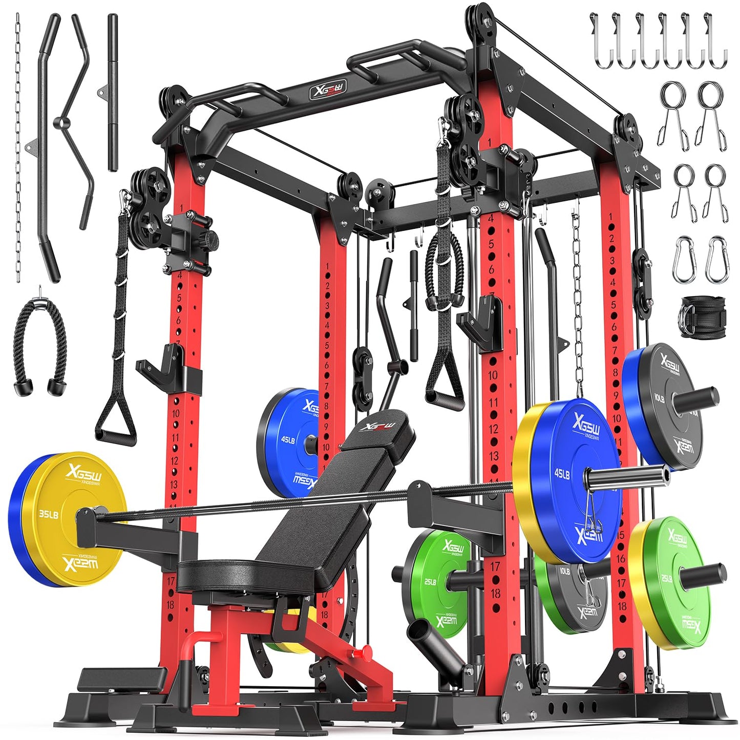 Power Cage and Packages，Smith Machine Weight Stack Set with Cable Crossover System, Multi-Function Squat Rack Power Rack for Home Gym. (Red, G Set L02+Weight Bench+（Pole+Color BP） 348LBS)