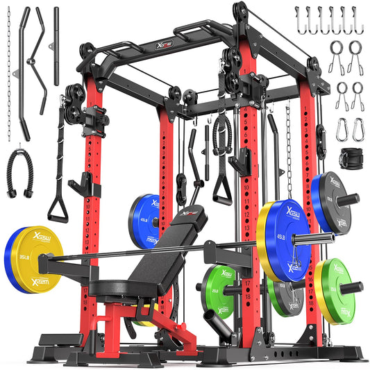 Power Cage and Packages，Smith Machine Weight Stack Set with Cable Crossover System, Multi-Function Squat Rack Power Rack for Home Gym. (Red, G Set L02+Weight Bench+（Pole+Color BP） 348LBS)