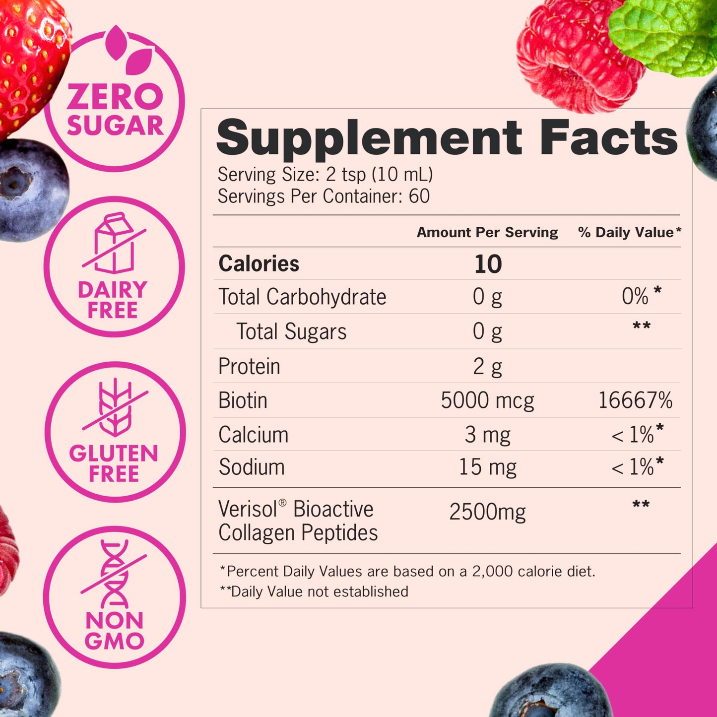 Zena Nutrition Liquid Collagen Peptides and Biotin, 2500mg Verisol Bioactive Collagen Peptides, 5000mcg Biotin, Hair, Skin, Nail Supplement for Women and Men, Mixed Berry, 60 Servings, 20 fl oz