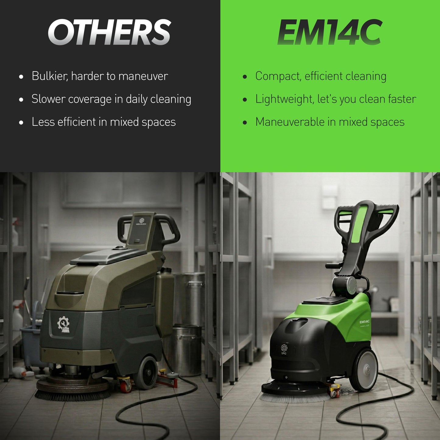 IPC Eagle EM14C Walk Behind Floor Scrubber - 110V-Powered, 14” Cleaning Path, Commercial Auto Scrubber for Tile, Retail, Offices & Tight Spaces