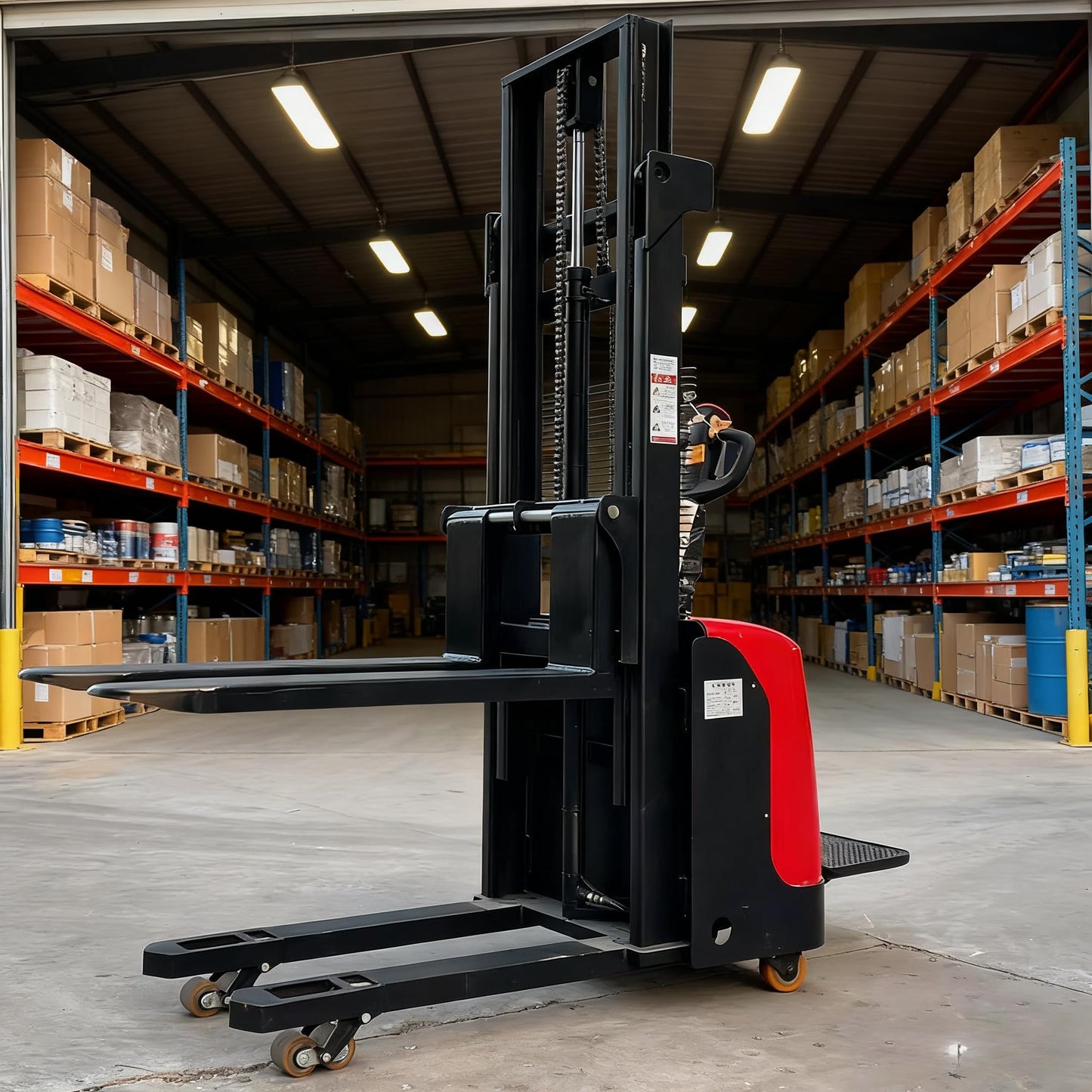 Full Electric Small Pallet Stacker, Standing Mini Forklift, 1.5–2 Ton Electric Stacker with 2m 3m 4.5m Lifting Height Options, Adjustable Forks, PU Wheels, Warehouse Material Handling Equipment