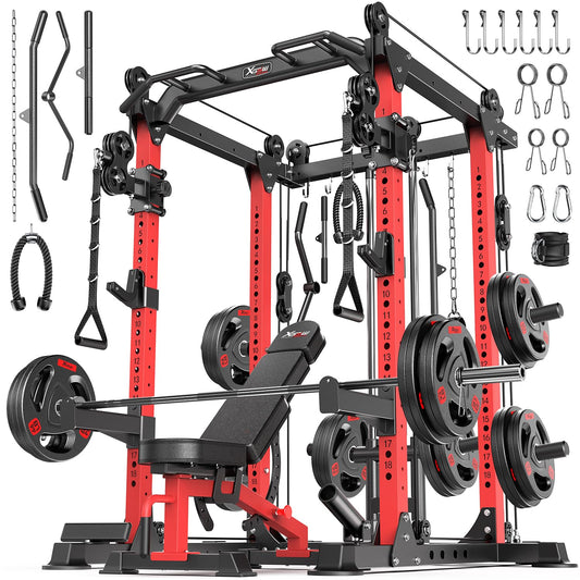Power Rack Power Cage Multi-Function Squat Rack with Cable Crossover System Selectable More Training Attachment Power Rack for Garage & Home Gym (Red, C Set L02+Weight Bench+（Pole+Cast Iron） 182LBS)