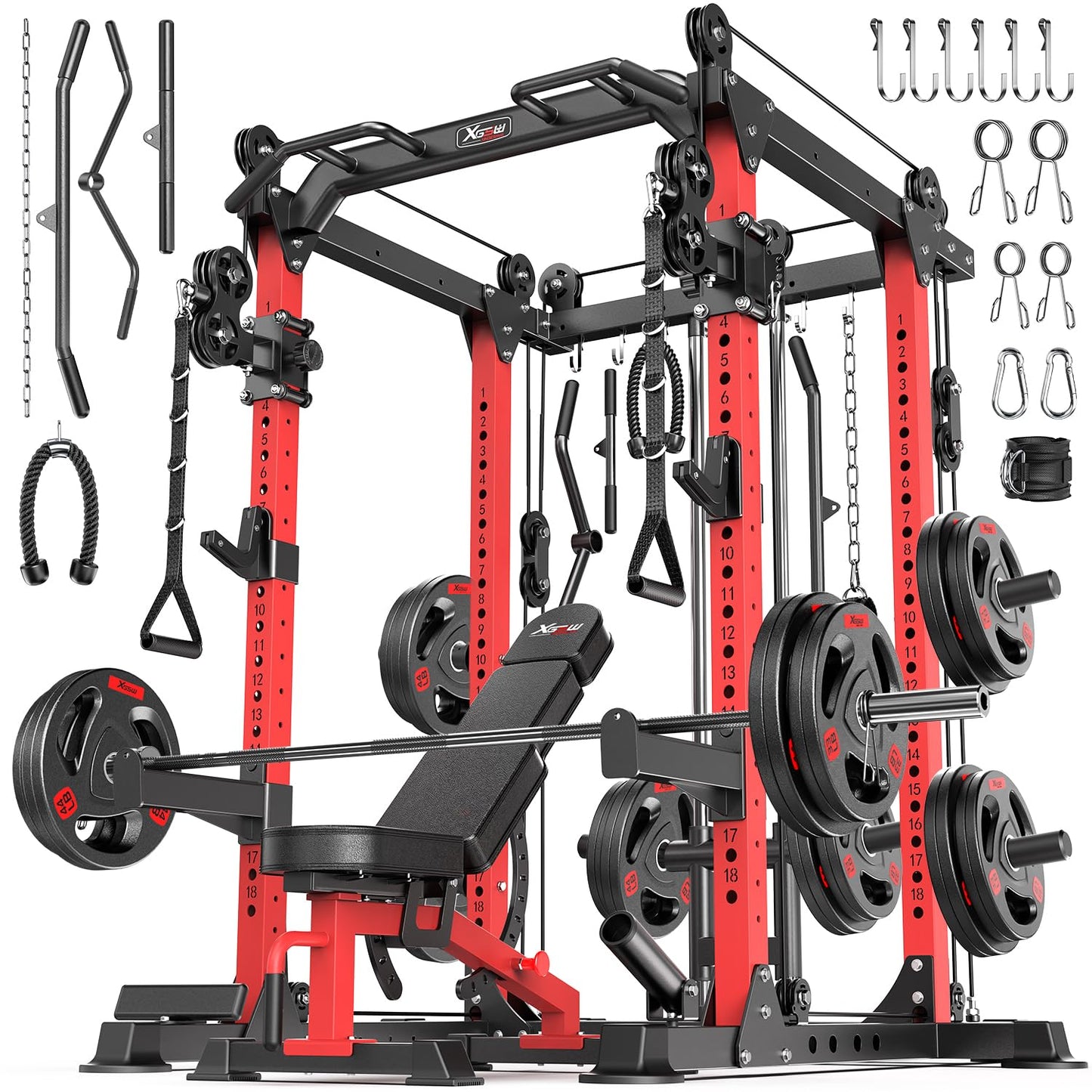 Power Rack Power Cage Multi-Function Squat Rack with Cable Crossover System Selectable More Training Attachment Power Rack for Garage & Home Gym (Red, E Set L02+Weight Bench+（Pole+Cast Iron） 336LBS)