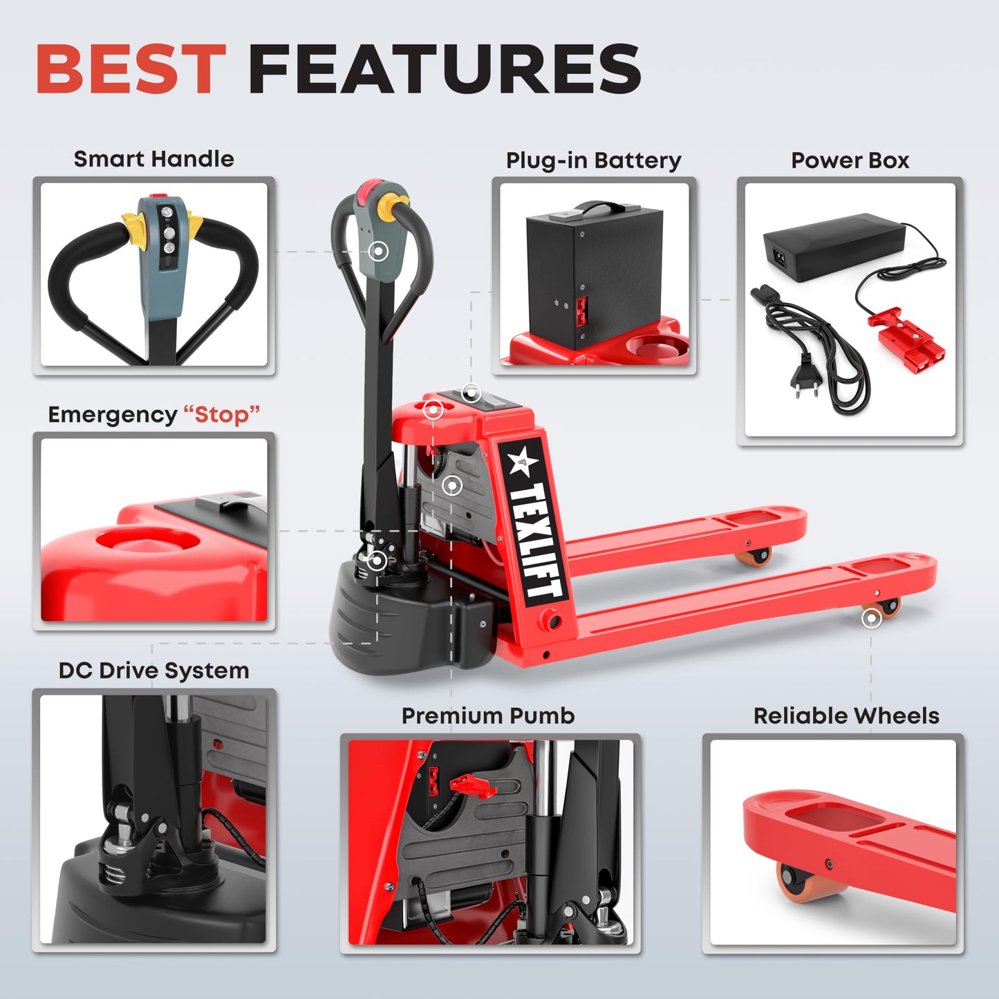 TEXLIFT Full Electric Power Pallet Jack – Standard Duty Pallet Truck 3300 Lb Capacity, 48” L x 27” W Fork Size, Plug-in 48V/15A Lithium Battery – Max Lift Height 7.8 Inch - (US-EPT33K-FE) - 2 Pack