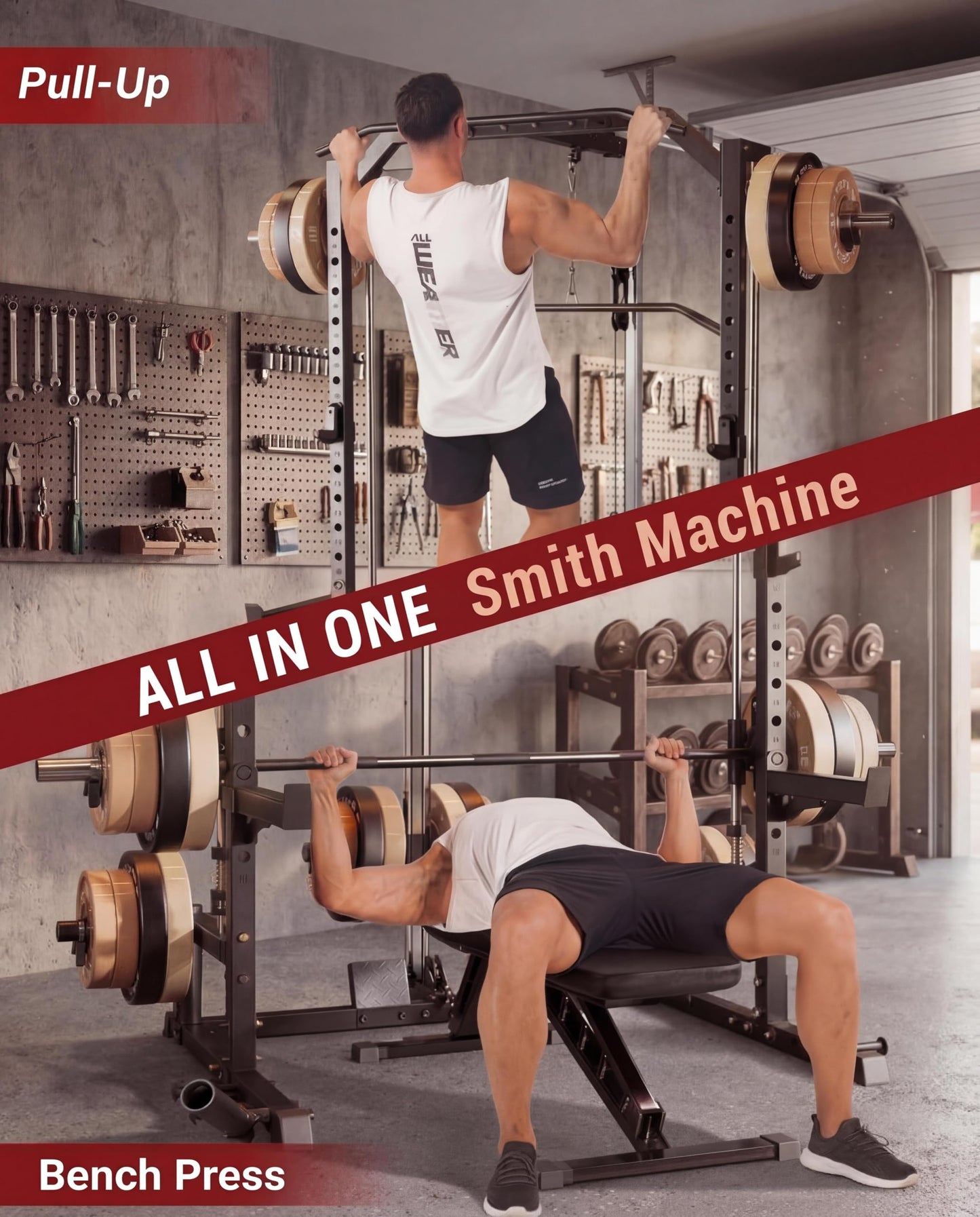 All in One Smith Machine Home Gym, Compact Functional Trainer with Cables & Bench, 1000LBS Capacity Smith Machine for Home, Adjustable Power Rack, Full-Body Strength Training Equipment, LAT Pulldown