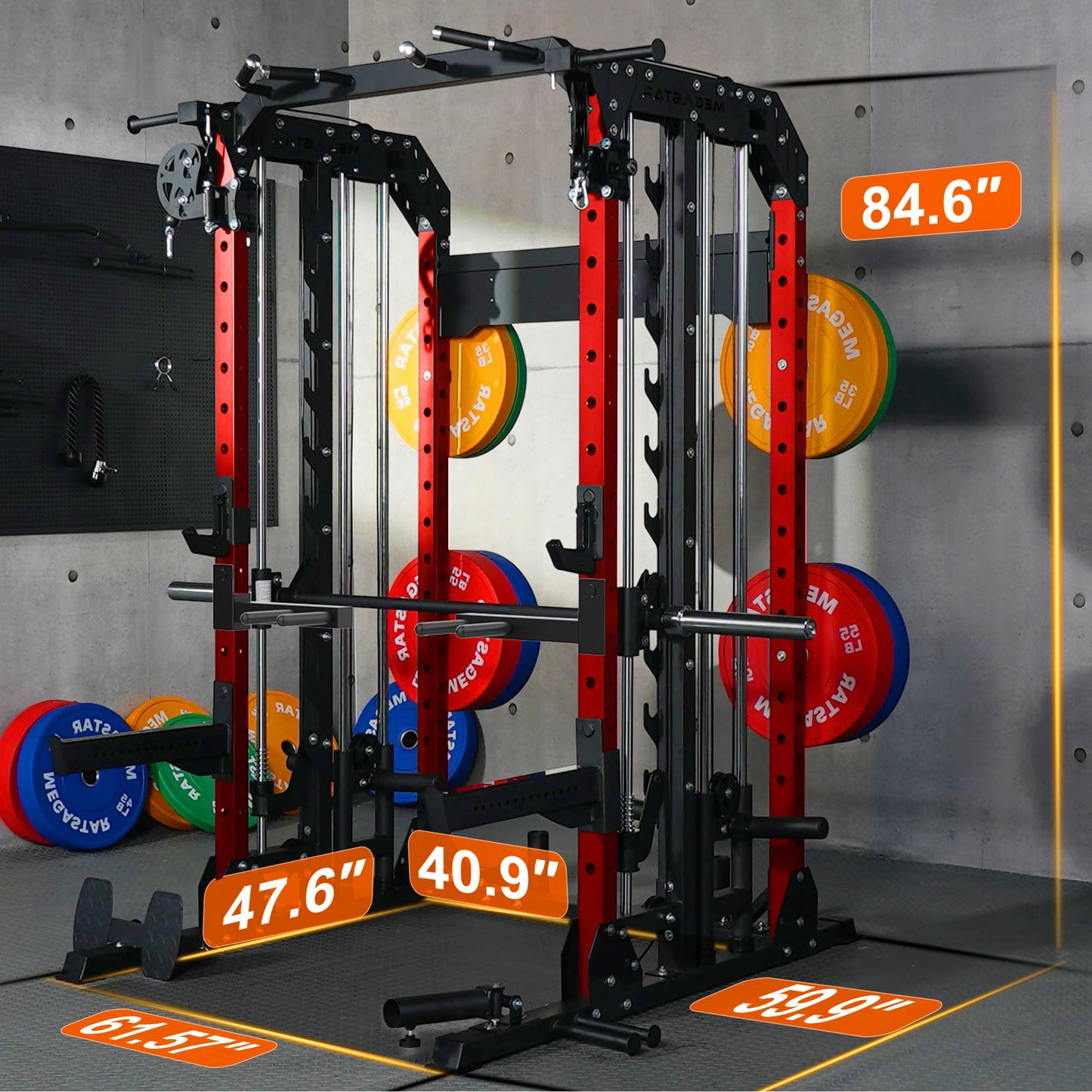 MEGASTAR FITNESS Smith Machine, 2600LBS Squat Rack, 7-in-1 Home Gym Cage with Adjustable Safety Bars, Pull-Up & LAT Pulldown