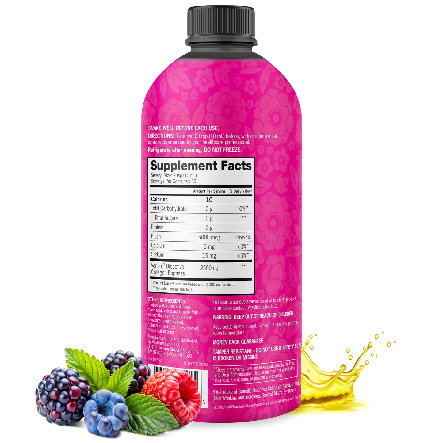 Zena Nutrition Liquid Collagen Peptides and Biotin, 2500mg Verisol Bioactive Collagen Peptides, 5000mcg Biotin, Hair, Skin, Nail Supplement for Women and Men, Mixed Berry, 60 Servings, 20 fl oz