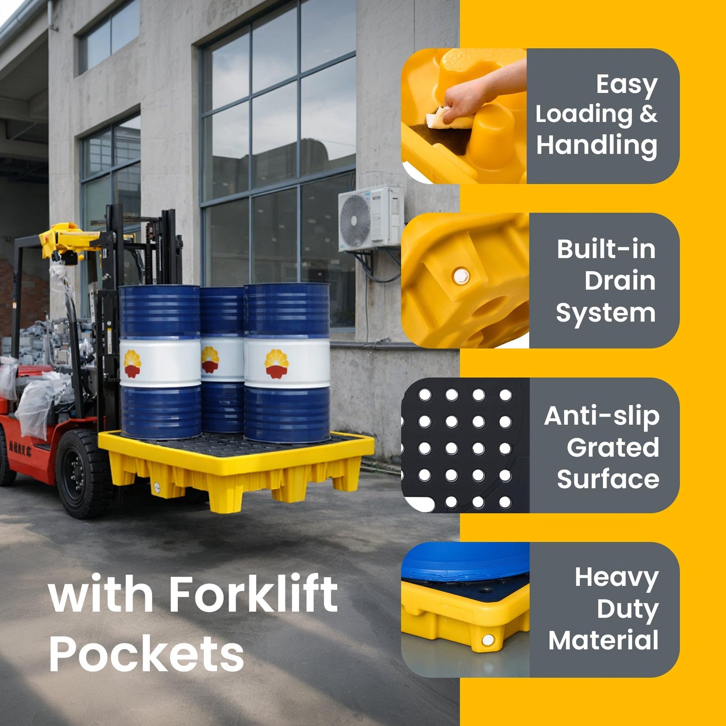 Spill Ready High Capacity 4 Drum Spill Containment Pallet - 51" x 51" x 18" - 114 Gallon Sump, (4-Pack) HDPE Drum Containment with Drain and Forklift Pockets, Yellow - Secondary Containment Pallet