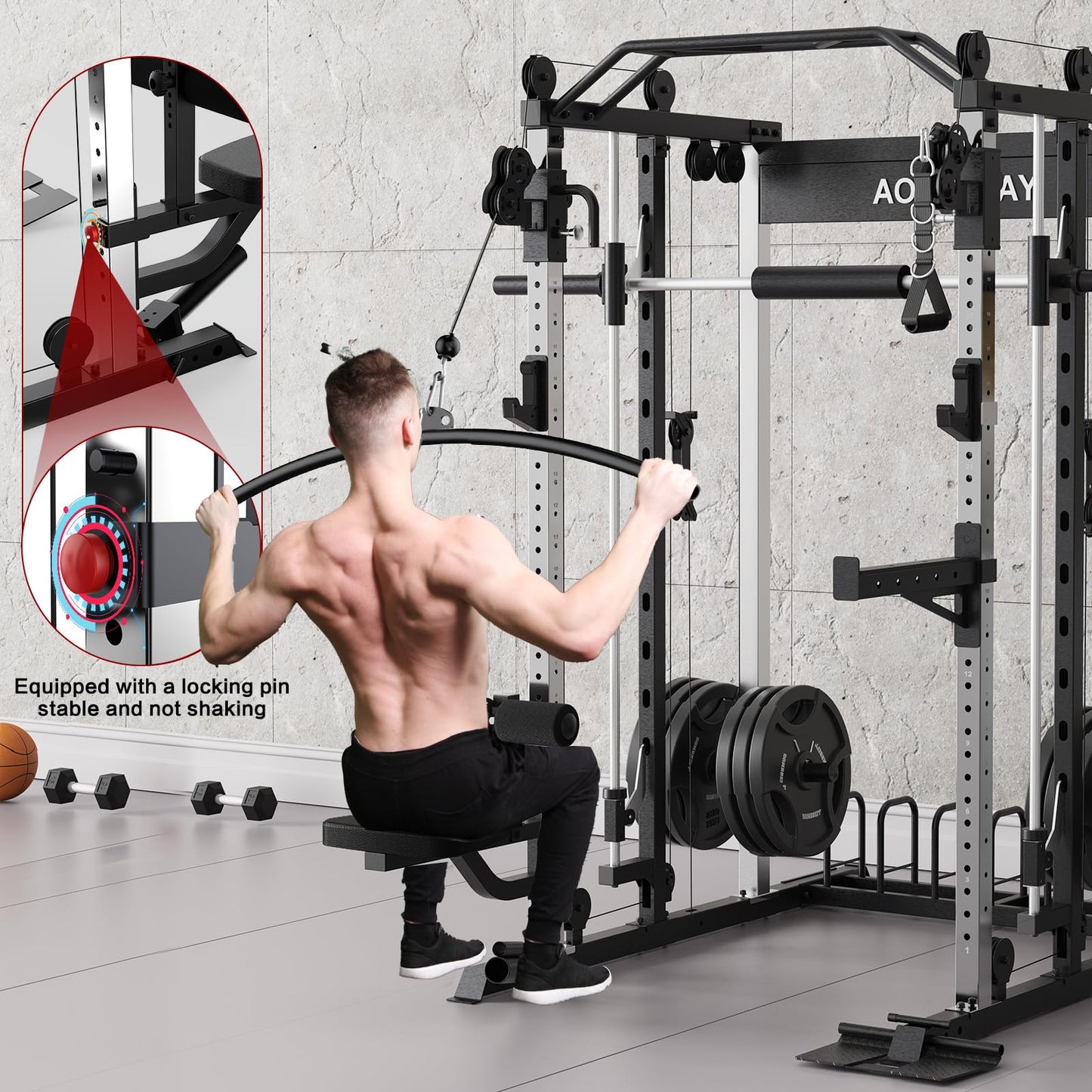 AOTORJAY Smith Machine Home Gym Strength Training Squat Rack Height Adjustable Power Cage with LAT Pull-Down Systems (Smith Machine)