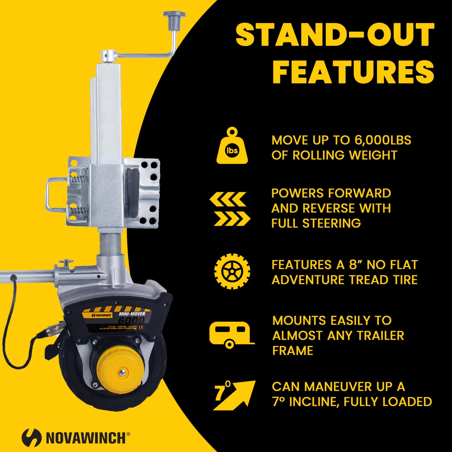 Novawinch Mini Mover 3 Plus Trailer Jockey Wheel, 12v Electric, Moves 6000 lbs Rolling Weight (Mini Mover 3 Plus)