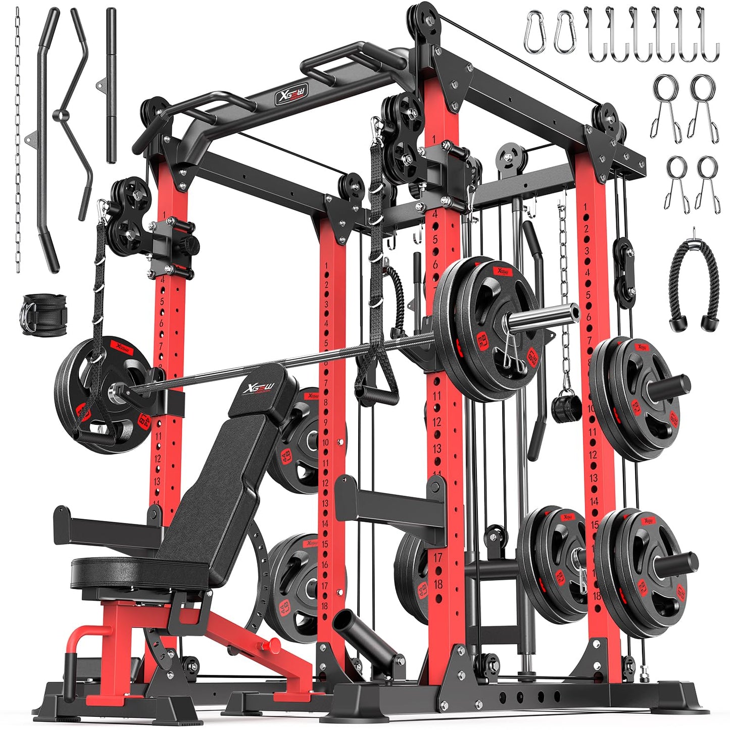 XGSW XINGESIWR Multi-Purpose Squat Rack,Smith Machine Weight Rack Set with Cable Crossover System, Home Gym Power Racks, Power Racks and Packages (L02, Power cage Red+Bench+Cast lron 220LBS)