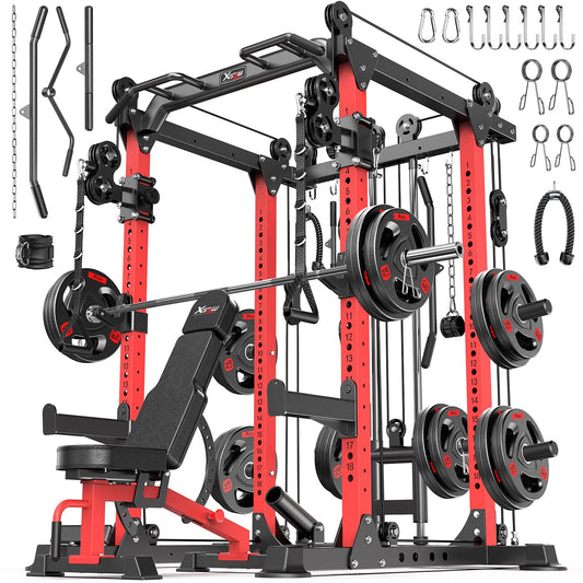 XGSW XINGESIWR Multi-Purpose Squat Rack,Smith Machine Weight Rack Set with Cable Crossover System, Home Gym Power Racks, Power Racks and Packages (L02, Power cage Red+Bench+Cast lron 220LBS)