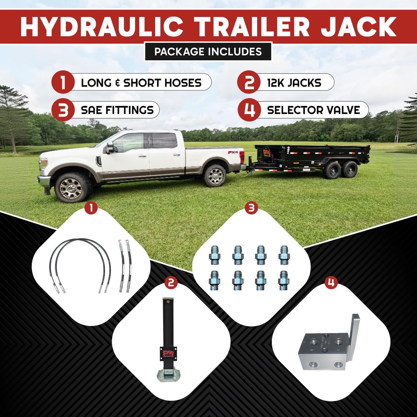 Hydraulic Trailer Jack (12,000 lb) - Power Jack 12K Double Acting, Lift Trailer Jack Stand Kit (12k Jack Bolt On) PFJ-1-MB-ADS-K