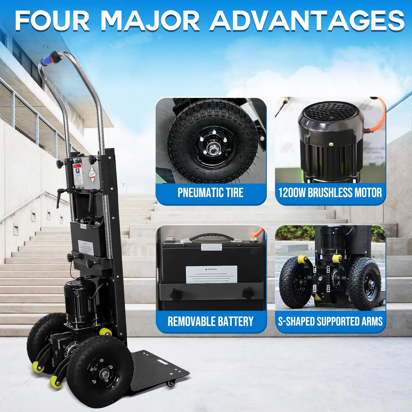 RXFSP 880LB Capacity Electric Stair Climbing Hand Truck – Heavy-Duty Motorized Dolly for Straight & Curved Stairs, Effortless Heavy Load Transport