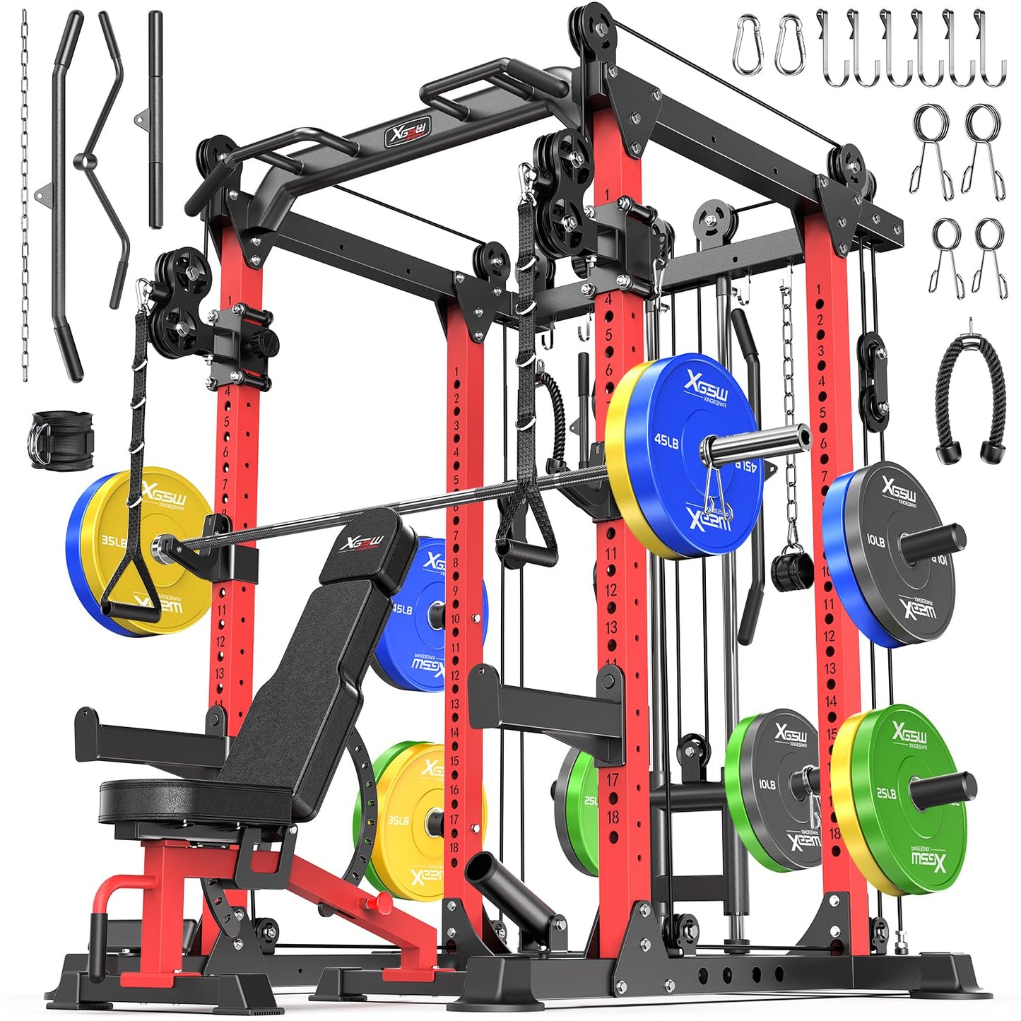 XGSW XINGESIWR Multi-Purpose Squat Rack,Smith Machine Weight Rack Set with Cable Crossover System, Home Gym Power Racks, Power Racks and Packages (L02, Power cage Red+Bench+Color BP 230LBS)