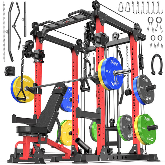 XGSW XINGESIWR Multi-Purpose Squat Rack,Smith Machine Weight Rack Set with Cable Crossover System, Home Gym Power Racks, Power Racks and Packages (L02, Power cage Red+Bench+Color BP 230LBS)